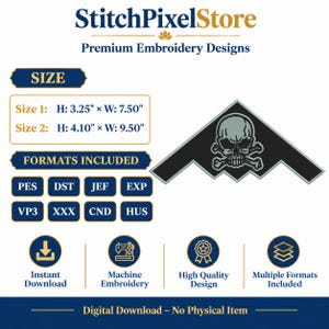 B2 Stealth Bomber Skull Machine Embroidery Design | Military Tactical Patch File (2 Sizes)