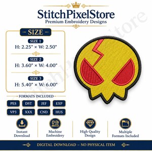 May include: A digital embroidery design file featuring a yellow skull-shaped icon with red eye sockets and a red lightning bolt crack. The text includes StitchPixelStore, size options from 2.25 x 2.50 inches to 5.40 x 6.00 inches, and file formats like PES, DST, JEF, EXP, VP3, XXX, CND, and HUS.