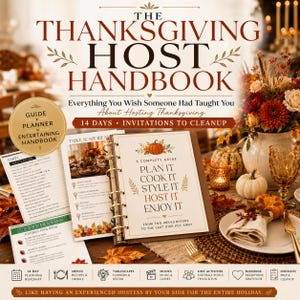 Puede incluir: El Thanksgiving Host Handbook es una guía de espiral que incluye un planificador de 14 días, cuestionarios para fiestas e ideas de decoración de mesa. La portada muestra el texto: Plan It, Cook It, Style It, Host It, Enjoy It, con motivos otoñales.