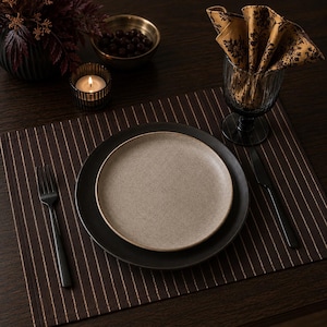 Espresso Stripe Placemats Set of 4, Dark Brown Pinstripe Table Mats, Modern Dining Decor