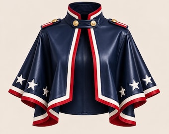 Women's Navy Blue Star Cape Jacket, Patriotic Red White Trim Military Style