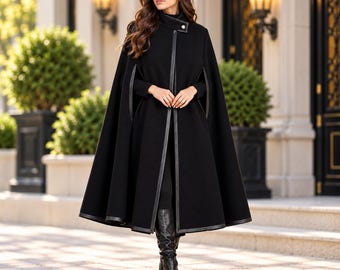 Women's Black Cape Coat, Long Gothic Cloak Jacket, Elegant Winter Outerwear