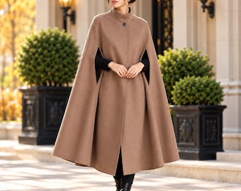 Women's Taupe Cape Coat, Long Elegant Cloak Jacket, Minimalist Winter Style