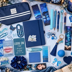 May include: A collection of blue-themed stationery and accessories including a navy pencil case, a dark blue notebook, several pens, bookmarks with celestial and fantasy art, stickers, a blue tassel keychain, a scrunchie, and skincare items.