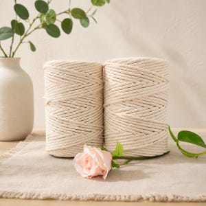 May include: Two cylindrical spools of off-white macrame cord made of twisted cotton rope. The spools are positioned side by side, featuring a distinct diagonal winding pattern. A single pale pink rose lies horizontally in front of the two spools.
