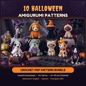 May include: A collection of 10 Halloween amigurumi crochet patterns featuring various animals in costumes, including a dog in a pumpkin suit, a cat as a mummy, and a skeleton cat. The text reads 10 HALLOWEEN AMIGURUMI PATTERNS and CROCHET PDF PATTERN BUNDLE.