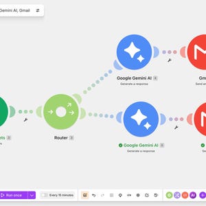 May include: A digital workflow diagram titled Integration Google Sheets, Google Gemini AI, Gmail. It features a green Google Sheets icon connected to a central router, which branches into two paths, each containing a Google Gemini AI and Gmail icon.