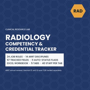 May include: A digital document titled Clinical Resource Lab Radiology Competency & Credential Tracker on a dark blue hexagonal patterned background. It lists 24 job roles, 14 ARRT disciplines, 57 tracked fields, 11 auto-status flags, 5 tabs, and 40 staff per tab.
