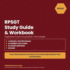 Puede incluir: Una guía de estudio y libro de ejercicios RPSGT para tecnólogos en polisomnografía. Incluye 4 módulos, 20 estudios de caso, 60 preguntas y 38 páginas, además de un examen de práctica interactivo y tarjetas didácticas de Clinical Resource Lab.
