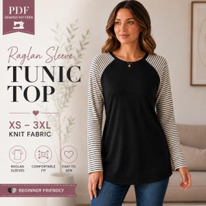 Puede incluir: Una túnica de manga larga con panel frontal y trasero en negro sólido y mangas raglán con rayas horizontales en crema y negro. La prenda tiene un cuello redondo y un ajuste holgado, presentada como un patrón de costura en formato PDF.