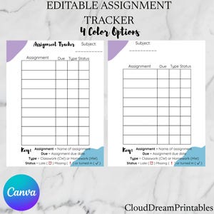 Assignment Tracker Printable | Editable Canva Template | Student Homework Planner | Classwork & Homework Log | 4 Color Options