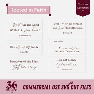 Puede incluir: Una colección digital de 36 archivos de corte SVG y PNG titulada Rooted in Faith Christian Collection 01. El gráfico presenta seis paneles rectangulares con texto marrón oscuro sobre un fondo blanco, mostrando varias citas religiosas y versículos.