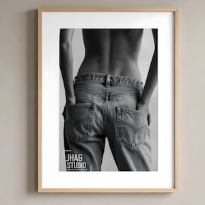 Denimjeansposter, svartvit modefotografi, redaktionell väggkonst, sovrumsinredning med år 2000-motiv, minimalistisk väggdekor, digital nedladdning