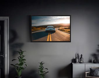 Nissan GT-R R35 Sunset Road Poster mit Holzrahmen | JDM Wandbild