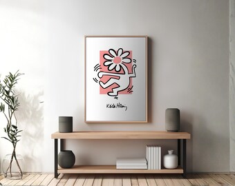 Dancing Flower Pop Art Poster with Wooden Frame | Keith Haring Style | Framed wall art
