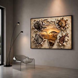 May include: A rectangular wall art print featuring a 3D-effect torn paper design revealing a golden sunset savanna landscape. The scene includes an elephant, a zebra, a lion, and a giraffe peering through the jagged edges of the paper-like frame.