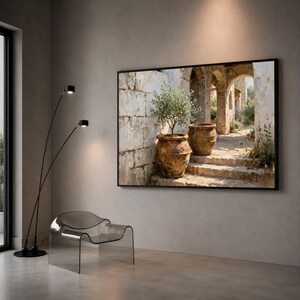 Mediterranean Courtyard Canvas Wall Art, Rustic Stone Archway, Olive Tree Pots Painting, Warm Sunlight Home Decor, Classic Canvas Print Art