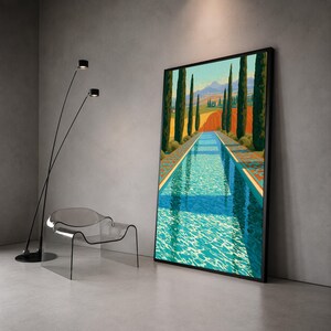 David Hockney Style Pool Reflection Canvas, Vibrant Landscape Wall Art, Modern Pop Art Home Decor, Mediterranean Scene Canvas Print Art