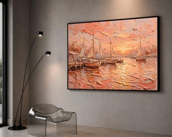 Sunset Harbor Scene Canvas, Sailboats at Dusk Wall Art, Marine Landscape Painting, Peach Coral Coastal Decor, Nautical Canvas Print Art