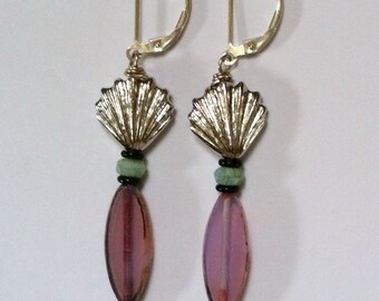 Long Purple Beaded Earrings With a Silver Shell