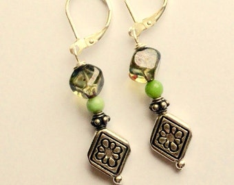 Olive Green and Pewter Beaded Earrings On Silver Leverbacks