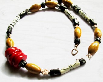 Red Coral, Brown, Black and White Beaded Necklace 17 1/2 Inches