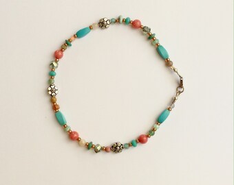 Teal and Orange Coral Beaded Anklet 10 1/2 Inches