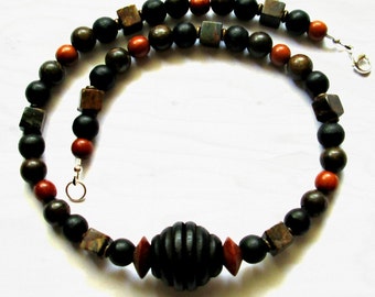 Black and Brown Wood Beaded Necklace 19 1/4 Inches