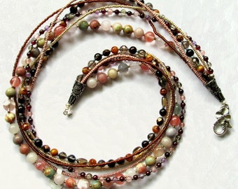 Multi-Strand Pink and Brown Beaded Necklace 22 Inches