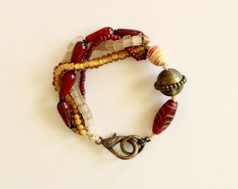 Four Strand Red and Yellow Womens Beaded Bracelet 9 Inches