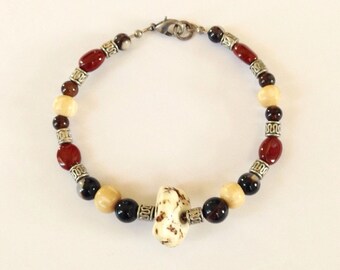 Rust and Dark Brown Agate Beaded Bracelet 9 1/4 Inches