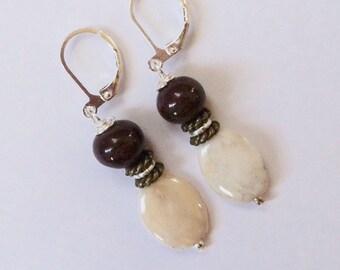 Dark Red and Cream Glass Beaded Earrings On Silver Leverbacks