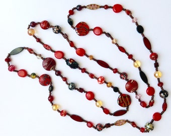 Long Red, Black and Yellow Beaded Wraparound Necklace 50 Inches