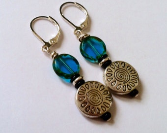 Blue and Silver Beaded Earrings On Antique Silver Leverbacks