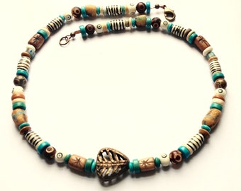 Teal, White and Brown Beaded Necklace With Brass Ghana Leaf 19 3/4 Inches