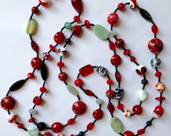 Long Red, Black and Aqua Beaded Wraparound Necklace 52 Inches