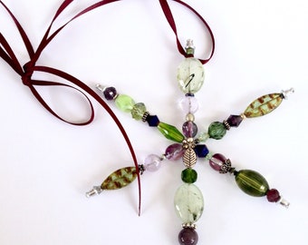 Green and Purple Beaded Deco Flake Ornament 4 Inches