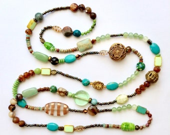 Long Green, Blue and Brown Beaded Wraparound Necklace 50 Inches