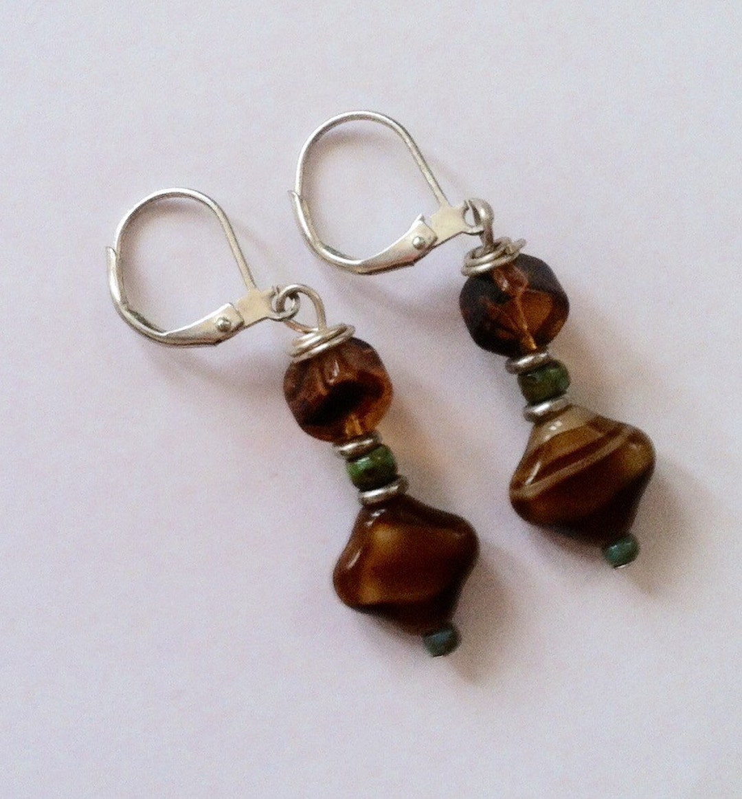 Brown Beaded Earrings on Antique Silver Leverbacks Etsy UK