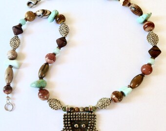 Brown and Aqua Beaded Necklace With African Pendant 19 3/4 Inches