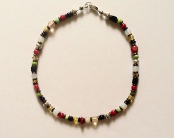 Red Coral, Yellow and Black Beaded Anklet 10 1/2 Inches