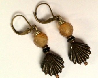 Copper Shell and Jasper Beaded Earrings On Bronze Leverbacks