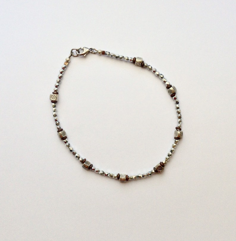 Silver and Bronze Beaded Anklet 10 3/4 Inches image 4