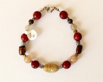 Brown, Tan and Red Beaded Bracelet 8 3/4 Inches