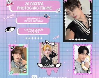 20 Kpop Photocard Digital Frames Bundle, PNG Deco Toploader Overlays, Canva Template, Coquette Y2K Kpop Binder Decors + Free PNG Stickers