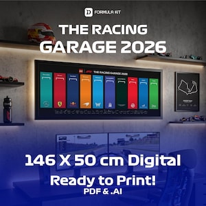 Puede incluir: Un archivo de impresión digital de 146 x 50 cm titulado The Racing Garage 2026, que muestra un panel rectangular de pared con diez secciones verticales de colores que representan equipos de Fórmula 1, incluyendo logos de Mercedes, Ferrari, Red Bull y McLaren.