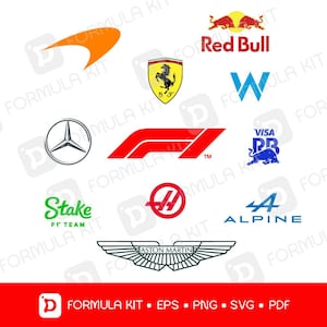 May include: A collection of Formula 1 team logos including McLaren, Red Bull, Ferrari, Williams, Mercedes, the F1 logo, Visa RB, Stake, Haas, Alpine, and Aston Martin. The bottom red banner displays the text FORMULA KIT EPS PNG SVG PDF.