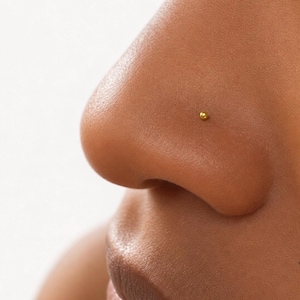 Può includere: Un piccolo piercing al naso rotondo di colore dorato con una testa sferica liscia e lucida. Il gioiello è posizionato sul lato della narice, presentando un design semplice e minimalista che poggia a filo sulla superficie della pelle.