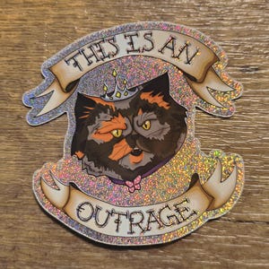 May include: A holographic sticker featuring a grumpy calico cat wearing a small crown and a purple collar with a pink bow. The cat is centered between two beige banners with the black text THIS IS AN on the top and OUTRAGE on the bottom.