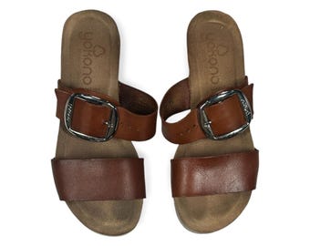 Yokono Dam Bruna Läder Kilsandaler Spänne Casual Komfort Storlek 6.5-7